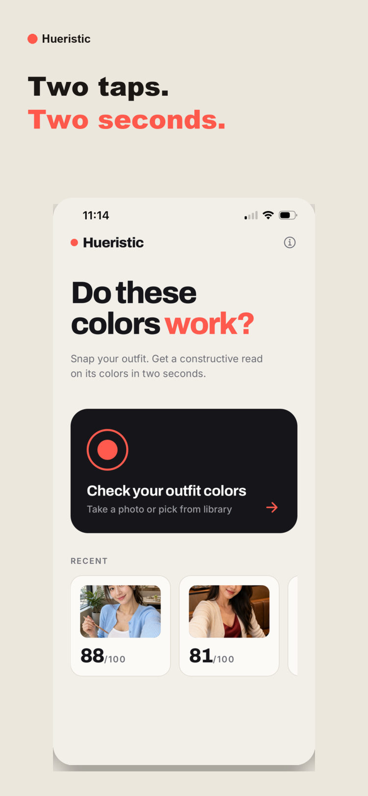Hueristic home screen with the button to check an outfit's colors and recent scores.