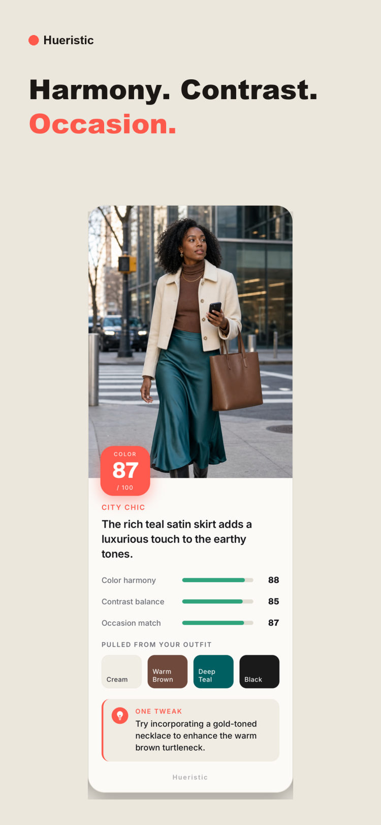 Hueristic scoring a city outfit, showing its extracted palette and one styling tip.
